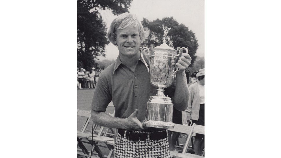 Johnny Miller holding the trophy after winning the 1973 US Open Championship at Oakmont Country Club 