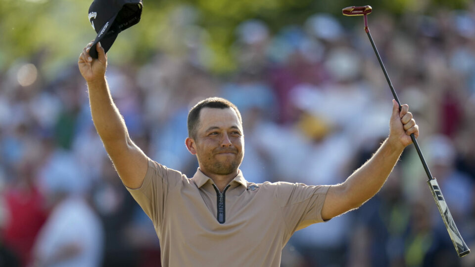 Xander Schauffele celebrates after winning the US PGA Championship at Valhalla