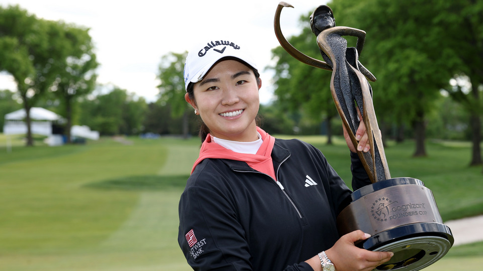 Rose Zhang of the United States poses with the trophy after winning the Cognizant Founders Cup at Upper Montclair Country Club