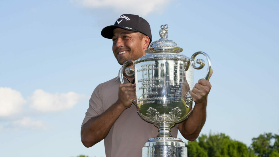 Xander Schauffele holds the Wanamaker Trophy after winning the US PGA Championship