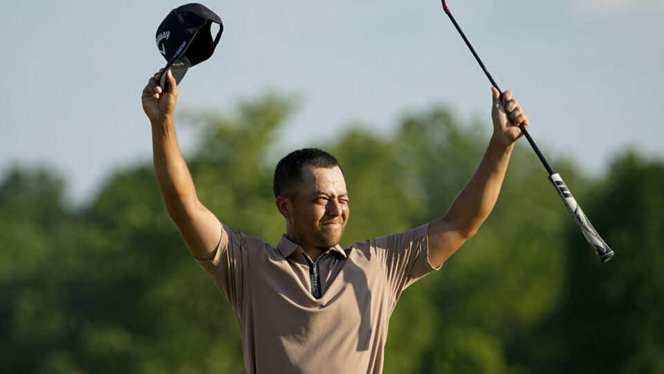 Xander Schauffele celebrates after winning the US PGA Championship at Valhalla