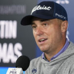 Justin Thomas speaks during a news conference at the US PGA Championship at Valhalla