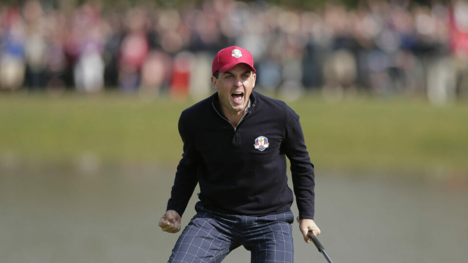 Keegan Bradley roars in celebration during the 2012 Ryder Cup