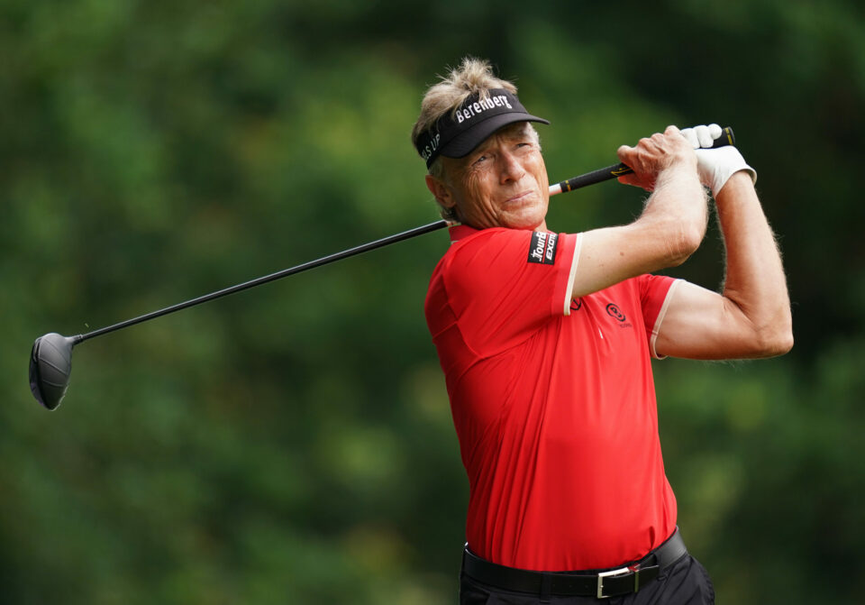 Bernhard Langer watches a drive at Sunningdale