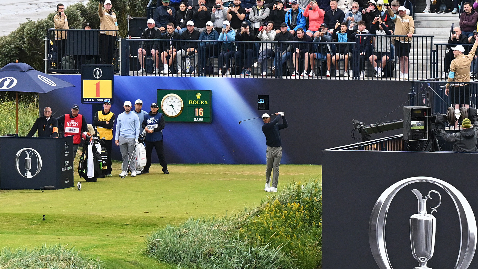 Tiger Woods of the United States tees off on the first hole on day two of The 152nd Open championship at Royal Troon