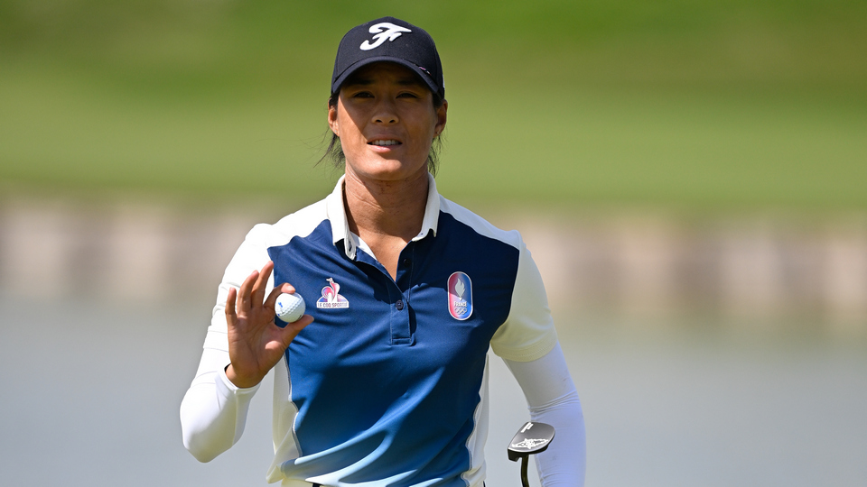 Céline Boutier of Team France waves her ball on the second green during the first round of the 2024 Olympic Games