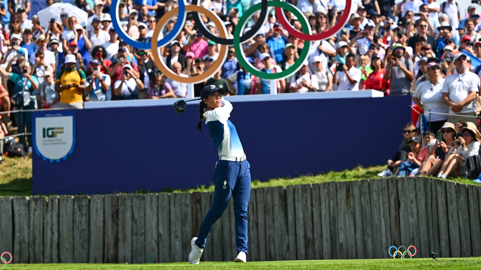 Céline Boutier of Team France on the first tee during the first round of the 2024 Paris Olympics at Le Golf National