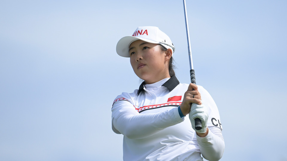 Ruoning Yin of Team China tees off on the 16th hole during the second round of the 2024 Paris Olympic Games at Le Golf National