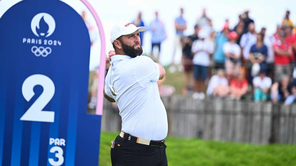 Jon Rahm of Team Spain hits his tee shot on the second hole during the third round of the 2024 Paris Olympics at Le Golf National