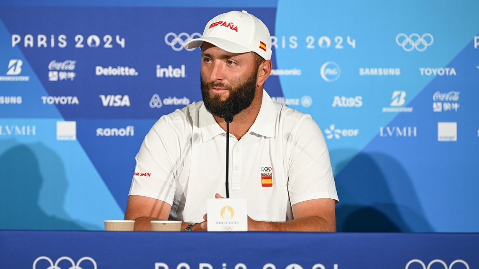 Jon Rahm of Spain during a press conference prior to the 2024 Paris Olympics