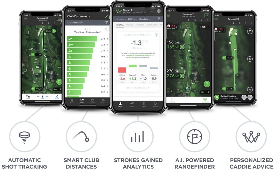 Arccos Golf 5 phone screens, #1 game tracking platform and the Official Game Tracker of the PGA TOUR