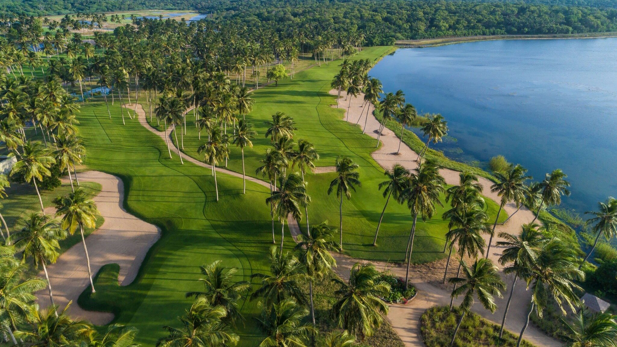 Golf in Sri Lanka: Holes 13 and 14 at Hambantota, captured from above.