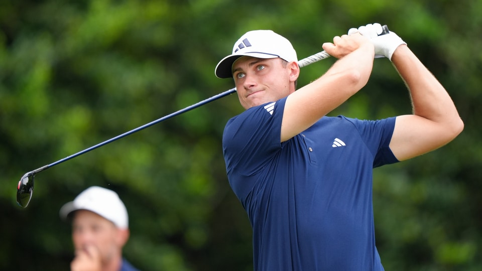 Ludvig Aberg hits his tee shot on the 14th hole during the second round 
