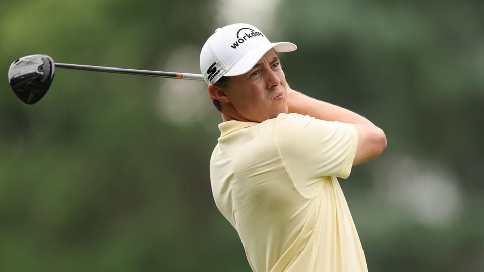 Matt Fitzpatrick hits his tee shot on the ninth hole during the second round 