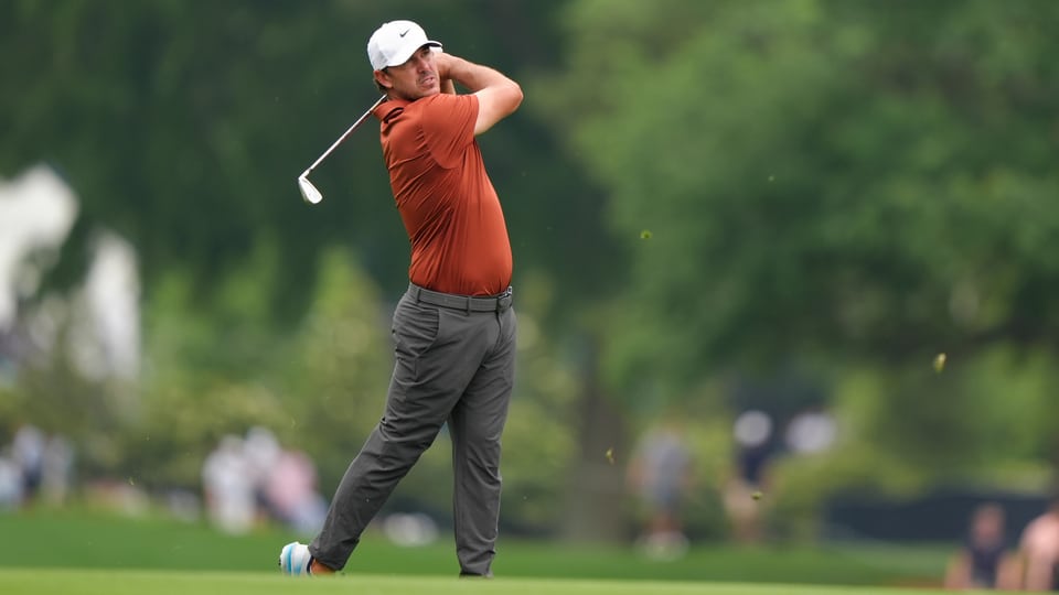 Brooks Koepka hits his second shot on the ninth hole during the second round 