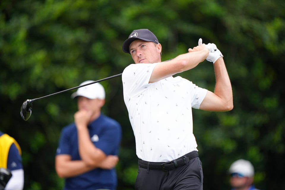 Jordan Spieth hits his tee shot on the 14th hole during the second round of the PGA Championship 