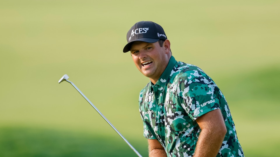 Patrick Reed reacts to missing putt on the 18th hole during the first round of the 2025 U.S. Open