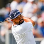 J.J. Spaun plays his tee shot on the third hole during the first round of the 2025 U.S. Open at Oakmont Country Club