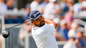 J.J. Spaun plays his tee shot on the third hole during the first round of the 2025 U.S. Open at Oakmont Country Club