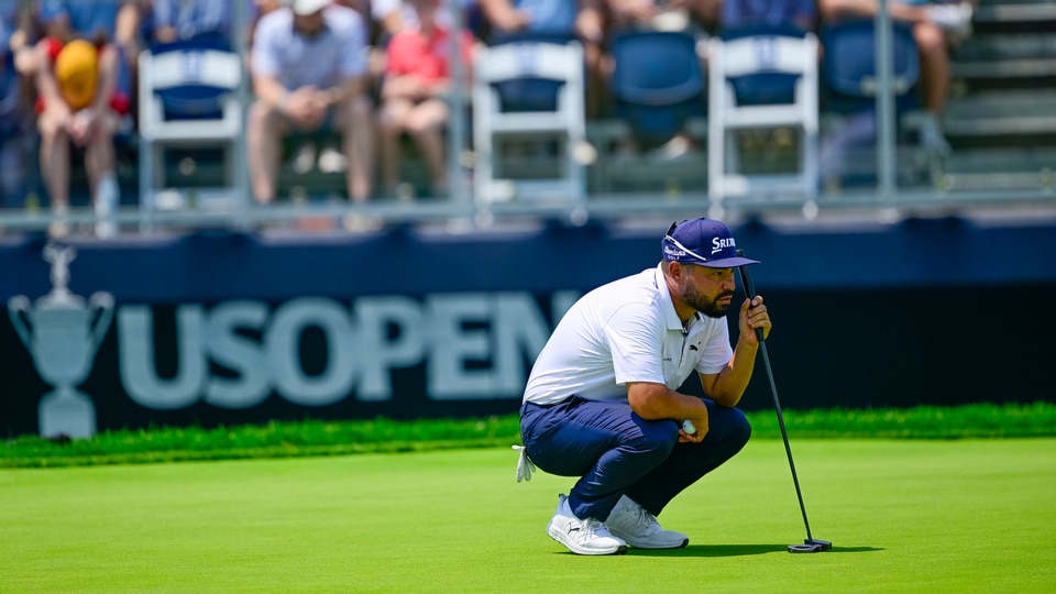 J.J. Spaun reads his shot on the eighth hole during the first round of the 2025 U.S. Open at Oakmont Country Club