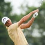 Sam Burns plays his tee shot on the 16th hole during the second round of the 2025 U.S. Open at Oakmont Country Club