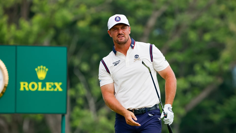 Bryson DeChambeau watches shot on the 16th hole during the second round of the 2025 U.S. Open at Oakmont Country Club 