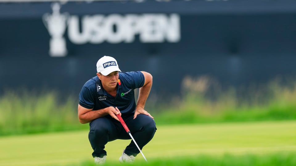 Viktor Hovland looks over the 13th green during the second round of the 2025 U.S. Open at Oakmont Country Club