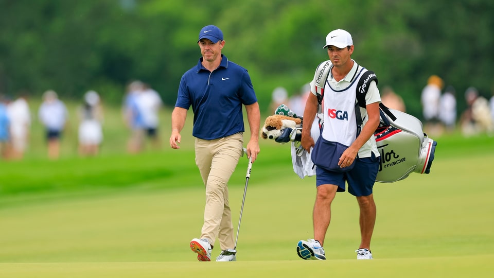 Rory McIlroy walks with his caddie Harry Diamond up to the seventh green during the second round of the 2025 U.S. Open at Oakmont Country Club