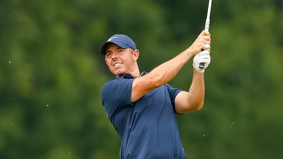 Rory McIlroy plays his second shot on the seventh hole during the second round of the 2025 U.S. Open at Oakmont Country Club