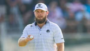 Tyrrell Hatton celebrates a par save on the 18th green during the third round of the 2025 U.S. Open