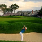Viktor Hovland plays a bunker shot on the 18th hole during the third round of the 2025 U.S. Open at Oakmont Country Club