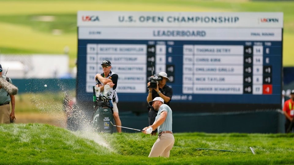 Sam Burns plays his third shot on the fourth hole during the final round of the 2025 U.S. Open