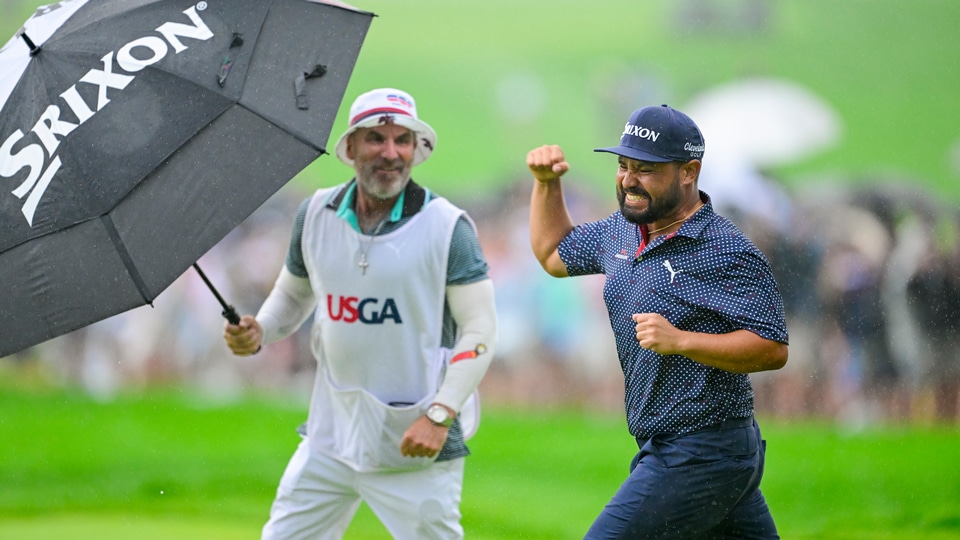 J.J. Spaun reacts on the 18th hole during the final round of the 2025 U.S. Open at Oakmont Country Club 
