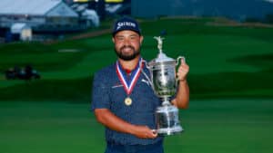J.J. Spaun poses with the U.S. Open trophy following the final round of the 2025 U.S. Open at Oakmont Country Club