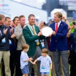 Mike McCormick receives the EJ Marshall award during the ceremony following the final round of the 2025 U.S. Open at Oakmont Country Club