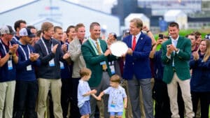 Mike McCormick receives the EJ Marshall award during the ceremony following the final round of the 2025 U.S. Open at Oakmont Country Club
