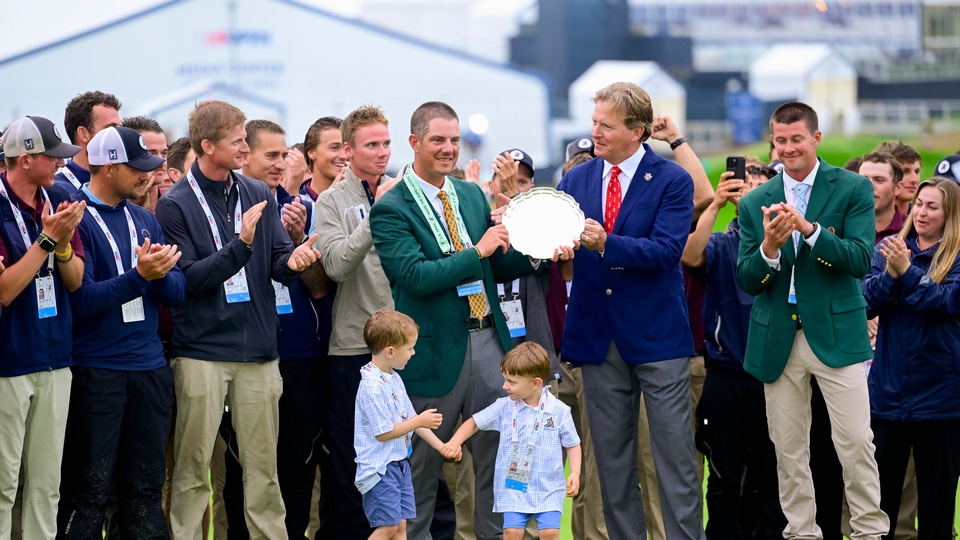 Mike McCormick receives the EJ Marshall award during the ceremony following the final round of the 2025 U.S. Open at Oakmont Country Club