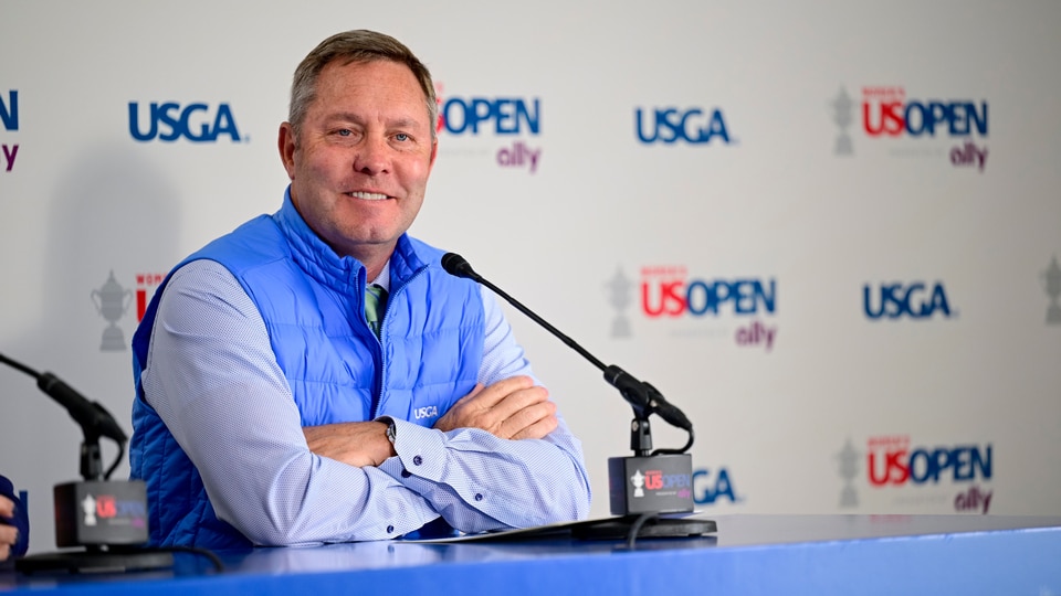 USGA CEO Mike Whan as seen at a press conference during a practice round ahead of the 2025 U.S. Women's Open