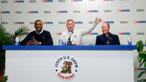 Fred Perpall, Mike Whan and John Bodenhamer in a press conference during a practice round ahead of the 2025 U.S. Open at Oakmont Country Club