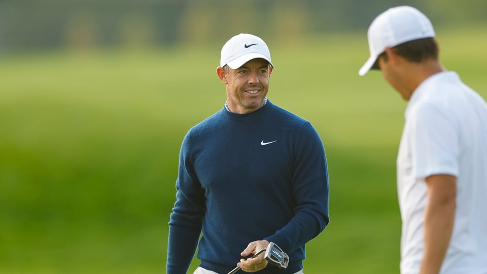 Rory McIlroy smiles on the 11th hole during a practice round ahead of the 2025 U.S. Open at Oakmont 