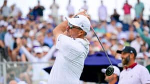 Phil Mickelson plays his tee shot on the 10th hole during a practice round ahead of the 2025 U.S. Open at Oakmont Country Club