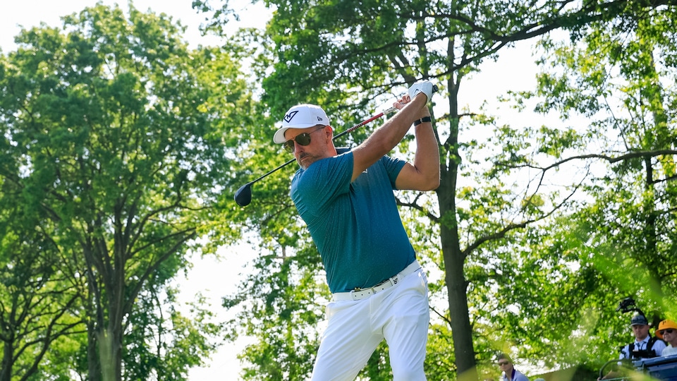 Phil Mickelson plays his tee shot on the second hole during a practice round ahead of the 2025 U.S. Open at Oakmont Country Club
