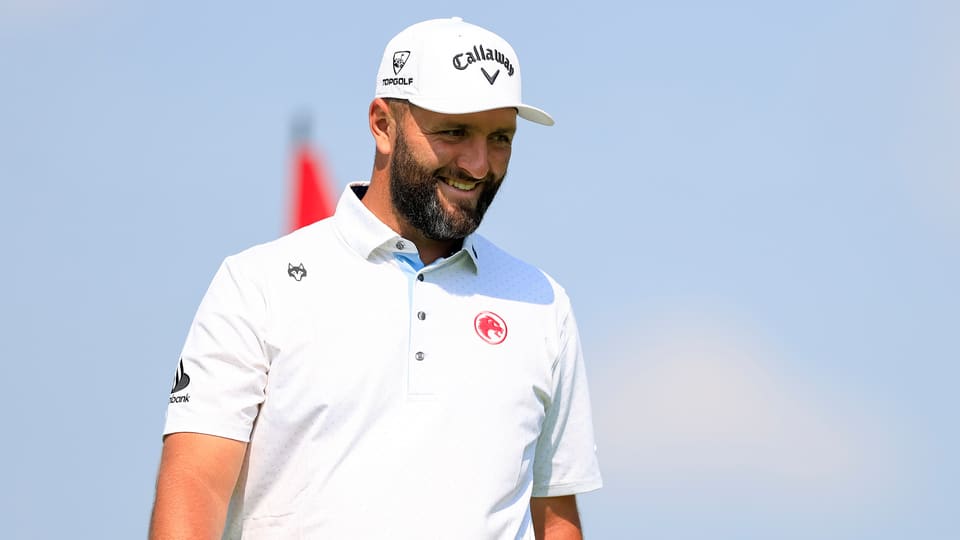 Jon Rahm as seen on the 18th hole during a practice round ahead of the 2025 U.S. Open