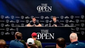 Mark Darbon, CEO of The R&A, speaks to the media during a press conference prior to The 153rd Open Championship at Royal Portrush Golf Club