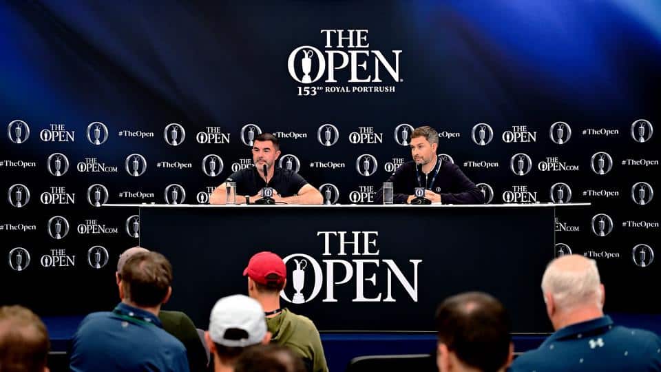 Mark Darbon, CEO of The R&A, speaks to the media during a press conference prior to The 153rd Open Championship at Royal Portrush Golf Club