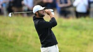 Scottie Scheffler of the United States looks on following his second shot on the fourth hole during Day Three of The 153rd Open Championship at Royal Portrush Golf Club